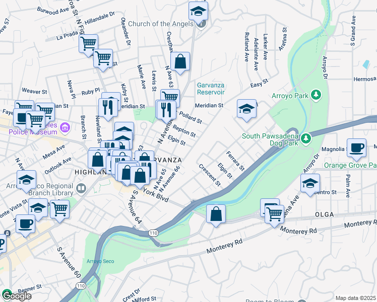 map of restaurants, bars, coffee shops, grocery stores, and more near 6519 Elgin Street in Los Angeles
