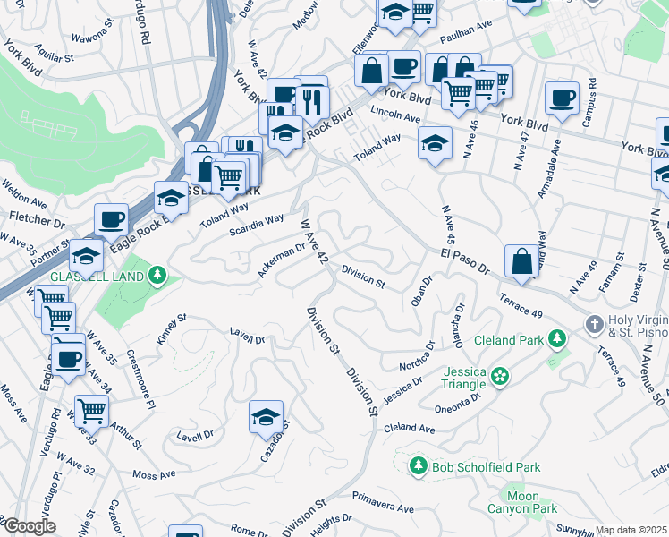 map of restaurants, bars, coffee shops, grocery stores, and more near 4200 Verdugo View Drive in Los Angeles