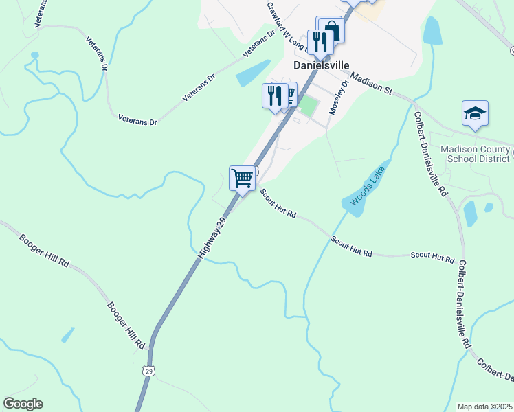 map of restaurants, bars, coffee shops, grocery stores, and more near 50 Scout Hut Road in Danielsville