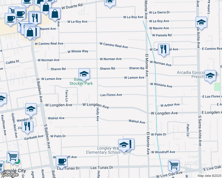 map of restaurants, bars, coffee shops, grocery stores, and more near 340 West Wistaria Avenue in Arcadia