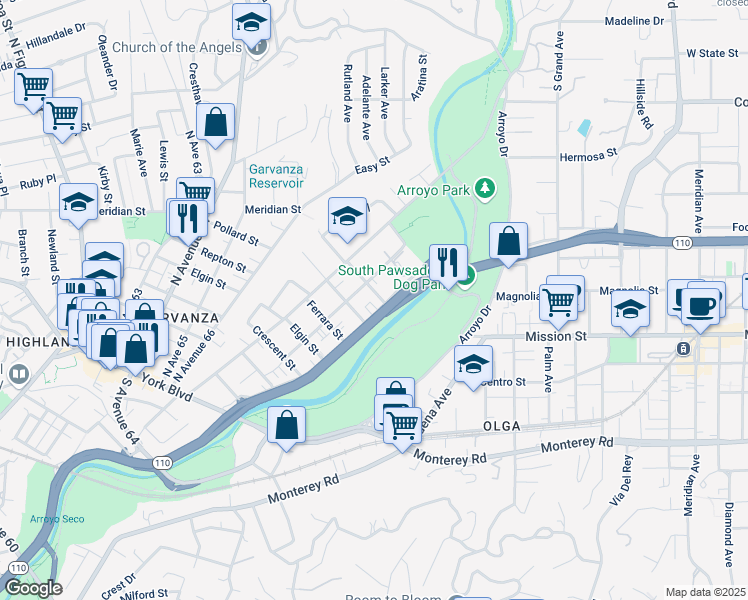map of restaurants, bars, coffee shops, grocery stores, and more near 6820 Hough Street in Los Angeles