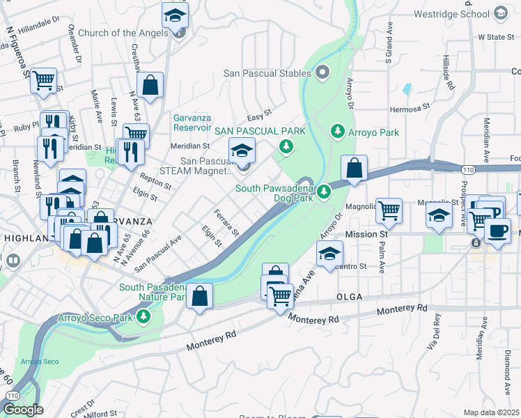 map of restaurants, bars, coffee shops, grocery stores, and more near 6820 Hough Street in Los Angeles