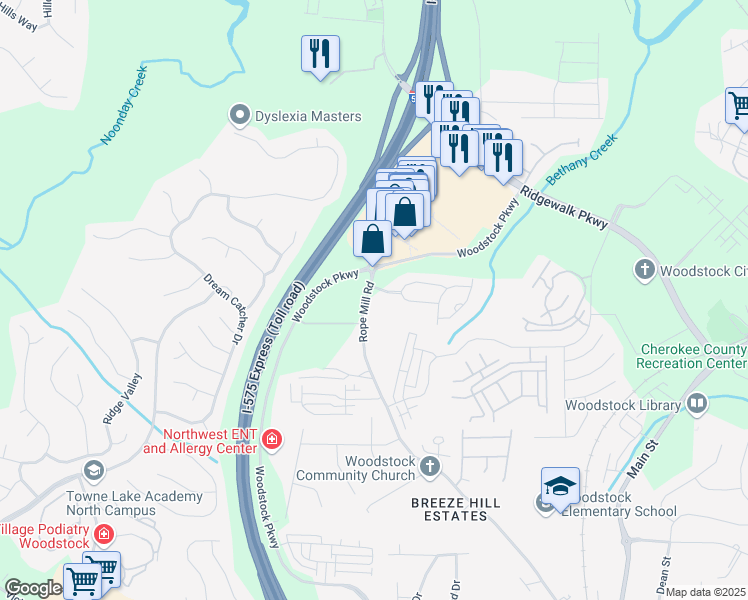 map of restaurants, bars, coffee shops, grocery stores, and more near 294 Rope Mill Road in Woodstock