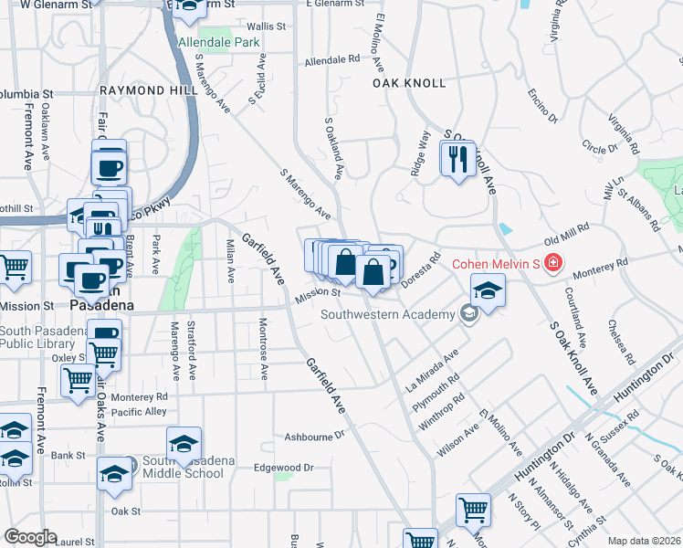 map of restaurants, bars, coffee shops, grocery stores, and more near 1730 Euclid Avenue in San Marino