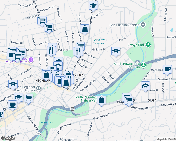 map of restaurants, bars, coffee shops, grocery stores, and more near 423 North Avenue 66 in Los Angeles