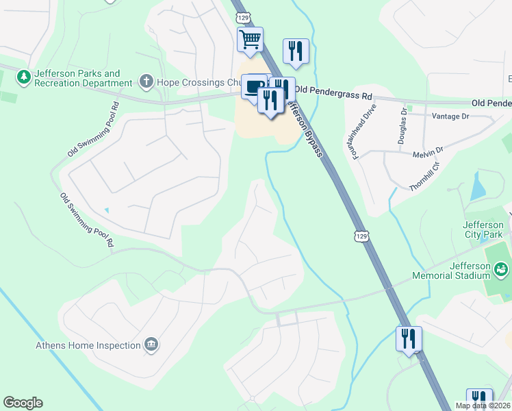map of restaurants, bars, coffee shops, grocery stores, and more near Mimosa Way in Jefferson