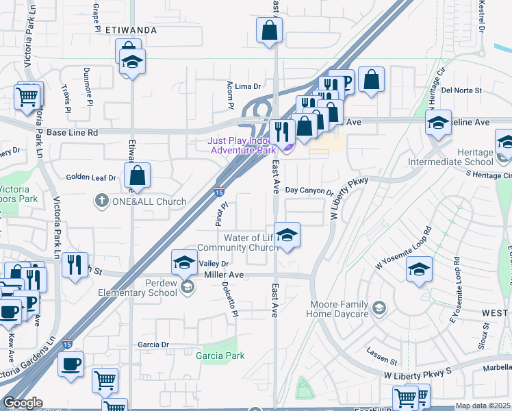 map of restaurants, bars, coffee shops, grocery stores, and more near 7509 Woodstream Court in Rancho Cucamonga