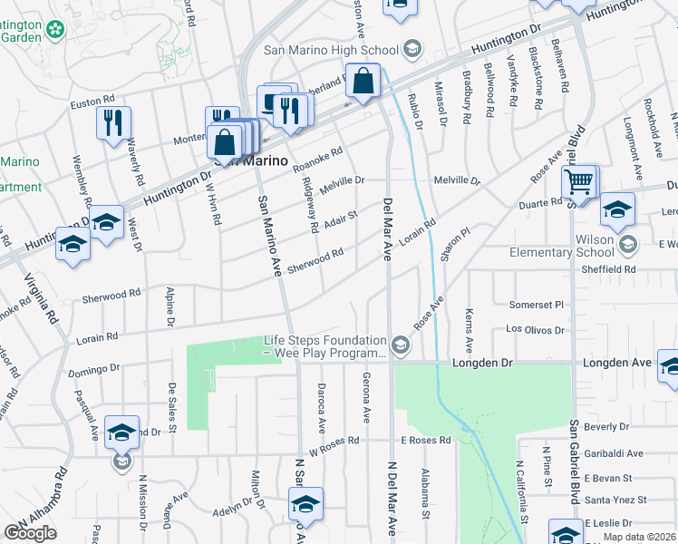 map of restaurants, bars, coffee shops, grocery stores, and more near 2350 Sherwood Road in San Marino