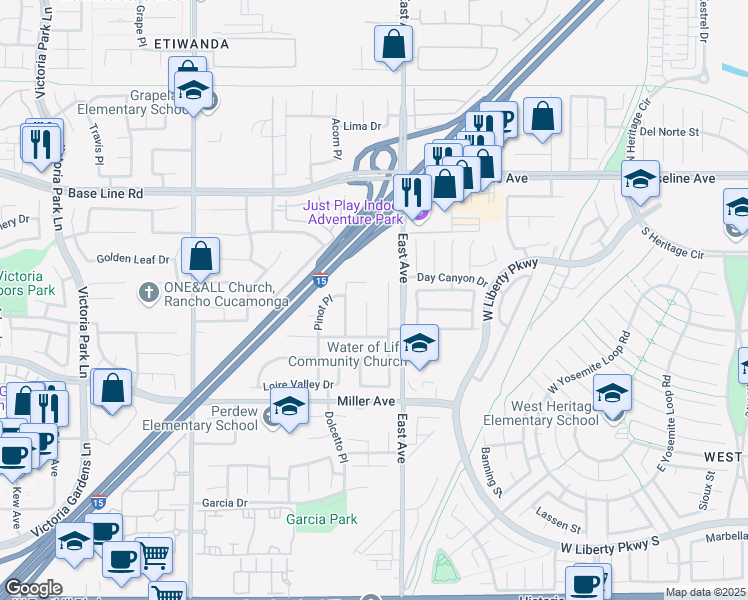 map of restaurants, bars, coffee shops, grocery stores, and more near 7509 Woodstream Court in Rancho Cucamonga