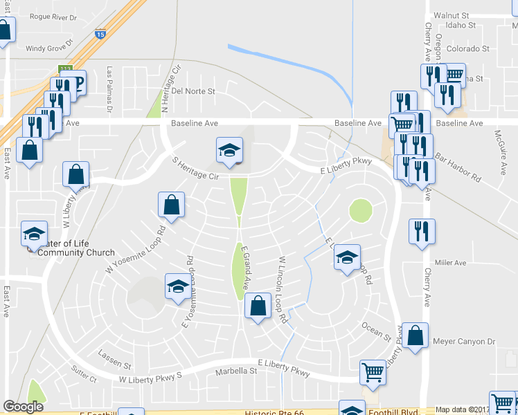 map of restaurants, bars, coffee shops, grocery stores, and more near 14012 Oxford Street in Fontana