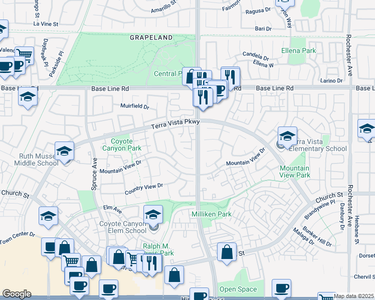 map of restaurants, bars, coffee shops, grocery stores, and more near 11253 Terra Vista Parkway in Rancho Cucamonga