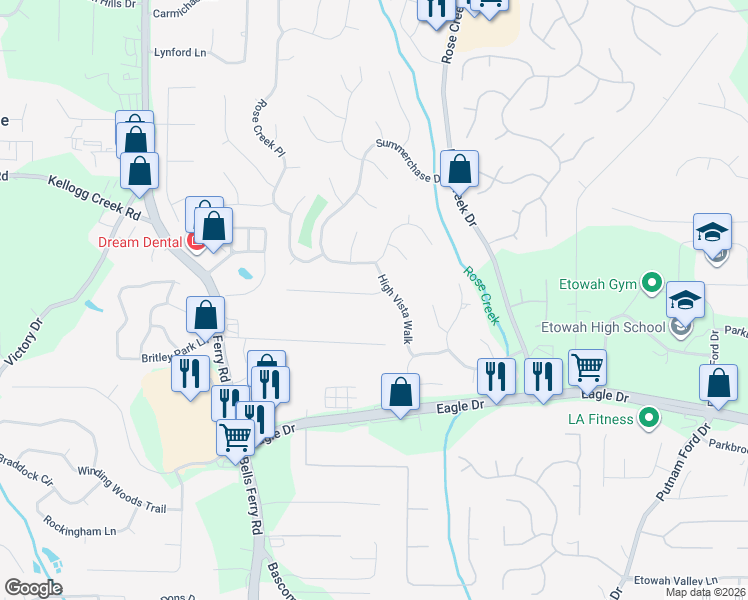 map of restaurants, bars, coffee shops, grocery stores, and more near 655 Briarleigh Way in Woodstock