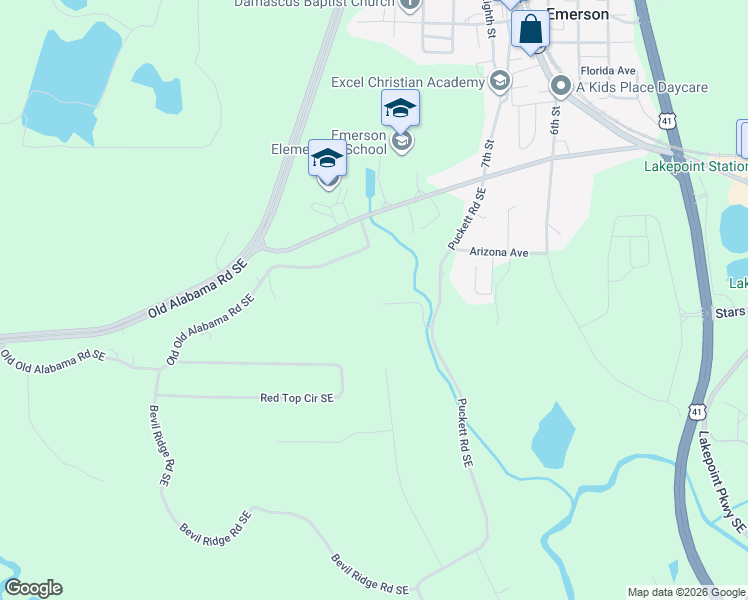 map of restaurants, bars, coffee shops, grocery stores, and more near 122 Puckett Road Southeast in Emerson