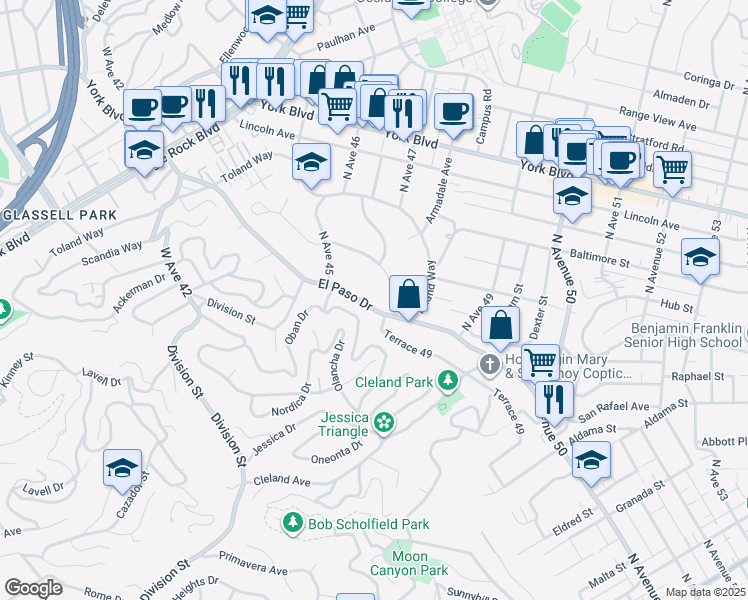 map of restaurants, bars, coffee shops, grocery stores, and more near 1068 El Paso Drive in Los Angeles