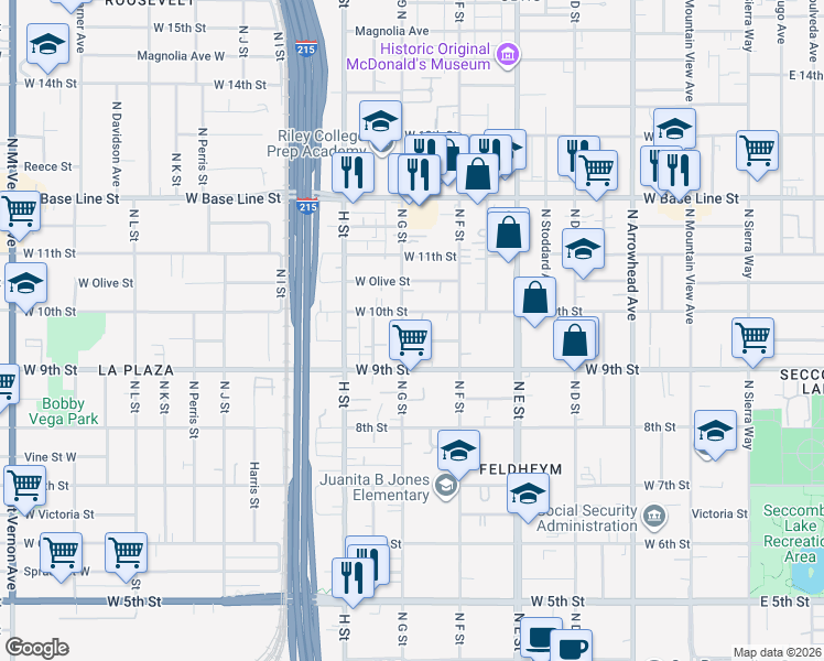 map of restaurants, bars, coffee shops, grocery stores, and more near in San Bernardino