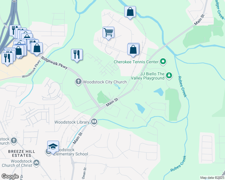 map of restaurants, bars, coffee shops, grocery stores, and more near 1 Safety Way in Woodstock