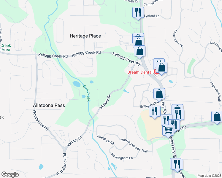 map of restaurants, bars, coffee shops, grocery stores, and more near 6707 Victory Drive in Acworth