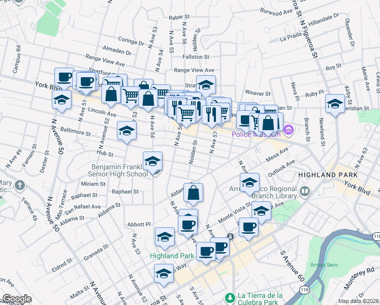 map of restaurants, bars, coffee shops, grocery stores, and more near 5632 Baltimore Street in Los Angeles