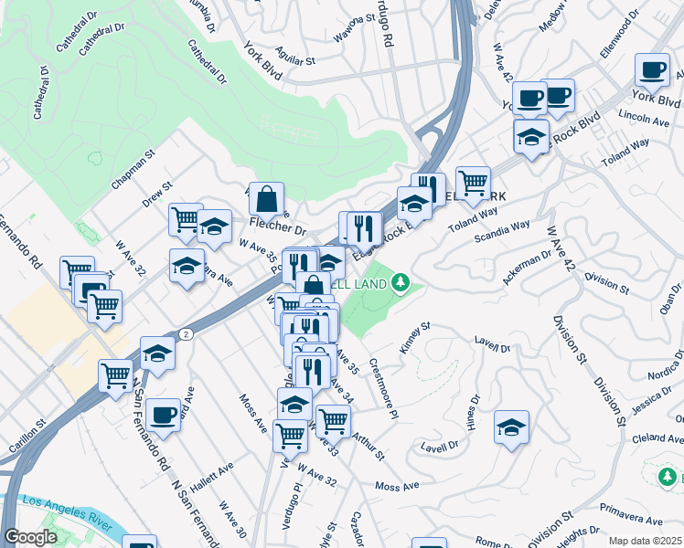 map of restaurants, bars, coffee shops, grocery stores, and more near 3601 North Eagle Rock Boulevard in Los Angeles