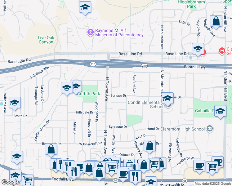 map of restaurants, bars, coffee shops, grocery stores, and more near 1045 Scripps Drive in Claremont