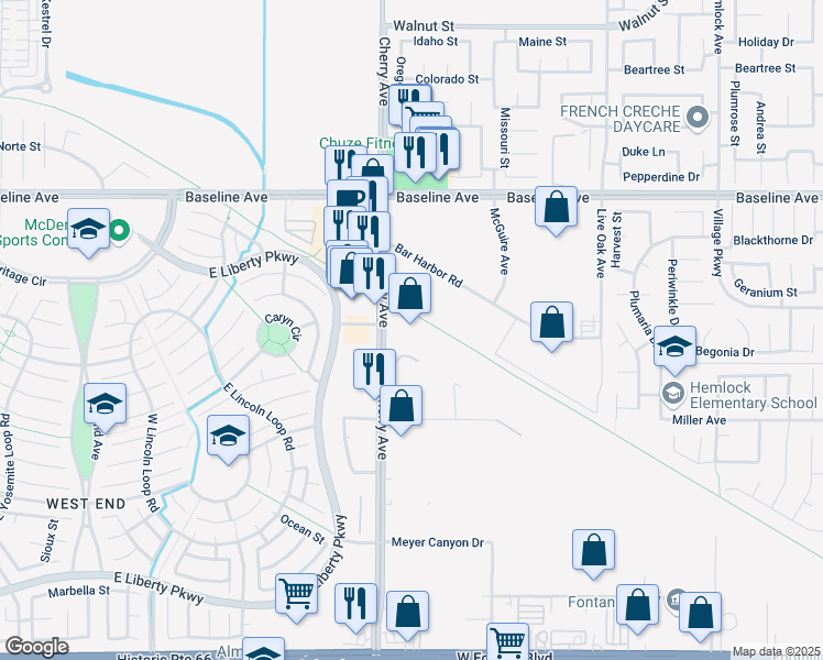 map of restaurants, bars, coffee shops, grocery stores, and more near 7551 Cherry Avenue in Fontana