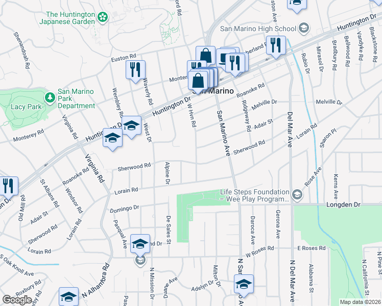 map of restaurants, bars, coffee shops, grocery stores, and more near 1765 West Haven Road in San Marino