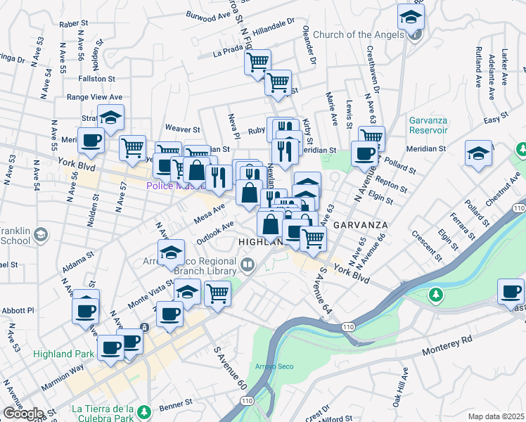 map of restaurants, bars, coffee shops, grocery stores, and more near 6117 York Boulevard in Los Angeles