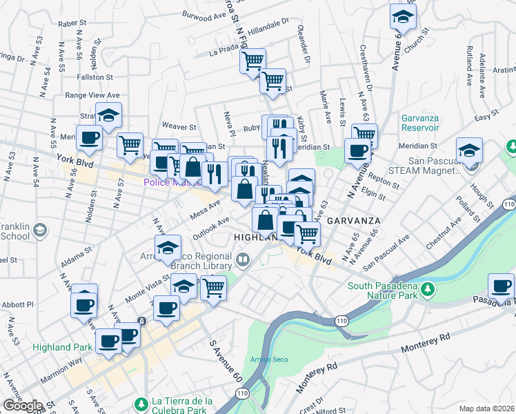 map of restaurants, bars, coffee shops, grocery stores, and more near 6117 York Boulevard in Los Angeles