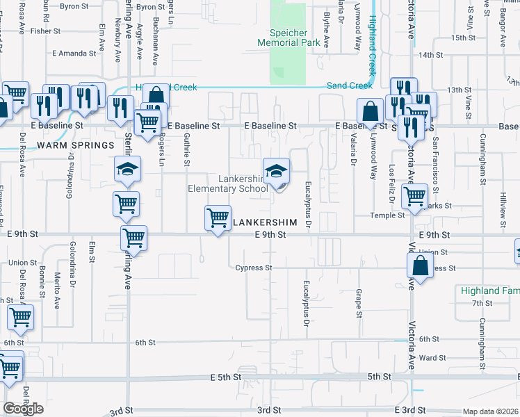 map of restaurants, bars, coffee shops, grocery stores, and more near 7480 Lankershim Avenue in Highland