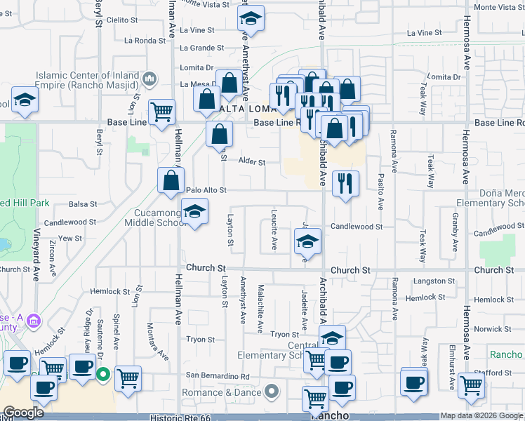 map of restaurants, bars, coffee shops, grocery stores, and more near 9540 Balsa Street in Rancho Cucamonga