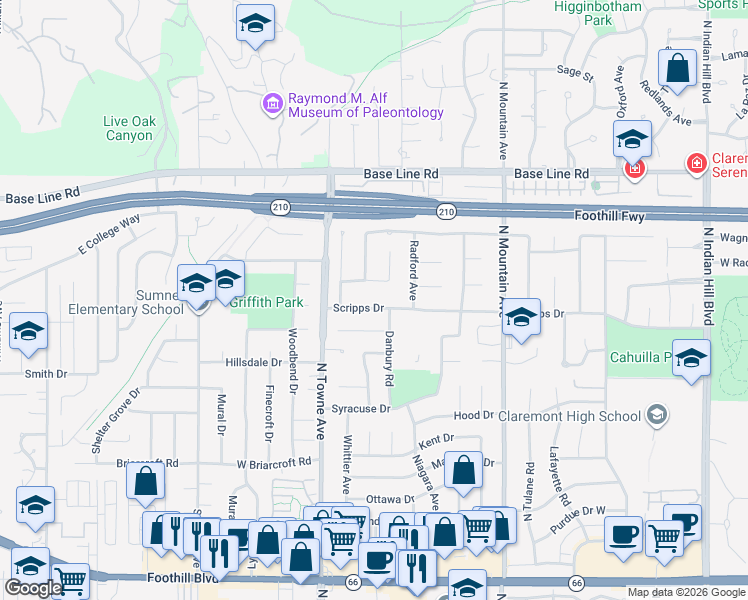 map of restaurants, bars, coffee shops, grocery stores, and more near 1072 Lake Forest Drive in Claremont