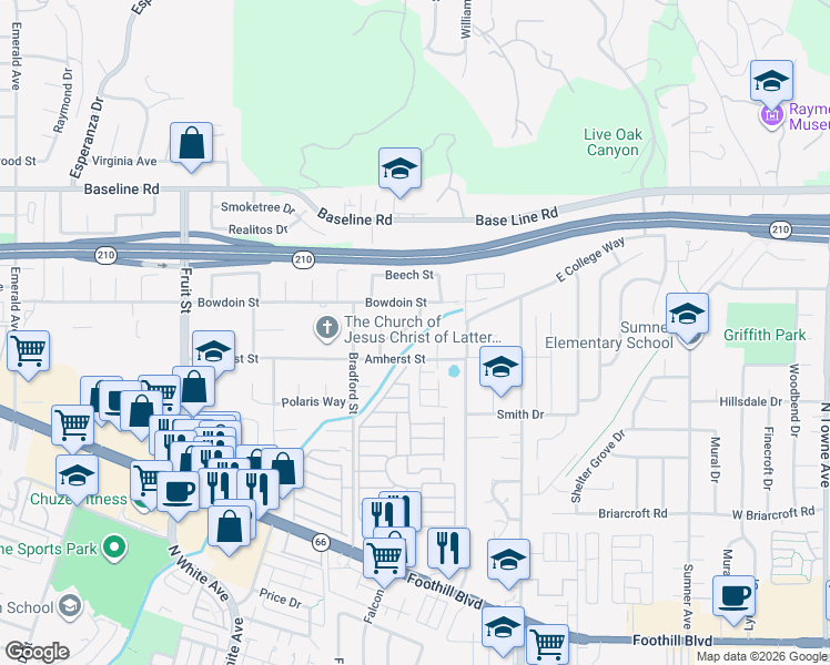 map of restaurants, bars, coffee shops, grocery stores, and more near 4257 Meadow Street in La Verne