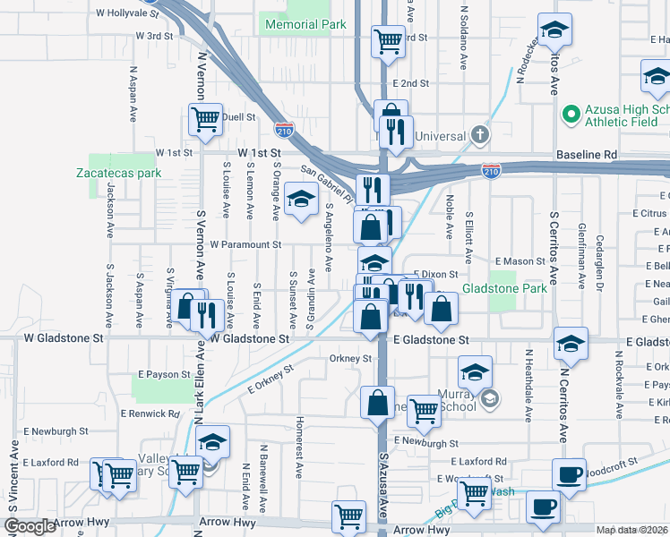 map of restaurants, bars, coffee shops, grocery stores, and more near 309 South Angeleno Avenue in Azusa