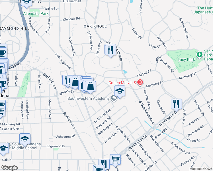 map of restaurants, bars, coffee shops, grocery stores, and more near 1670 Ramiro Road in Pasadena