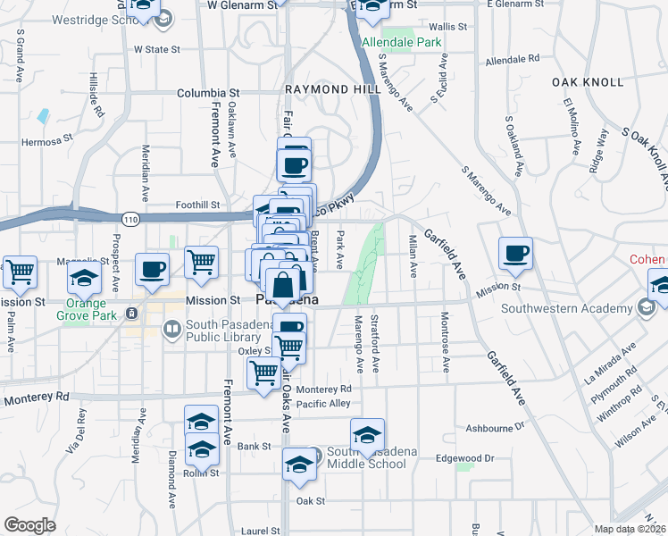 map of restaurants, bars, coffee shops, grocery stores, and more near 716 Park Avenue in South Pasadena