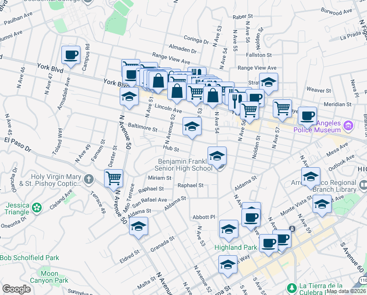 map of restaurants, bars, coffee shops, grocery stores, and more near 5254 Baltimore Street in Los Angeles