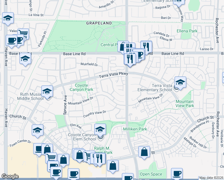 map of restaurants, bars, coffee shops, grocery stores, and more near 7622 Belpine Place in Rancho Cucamonga
