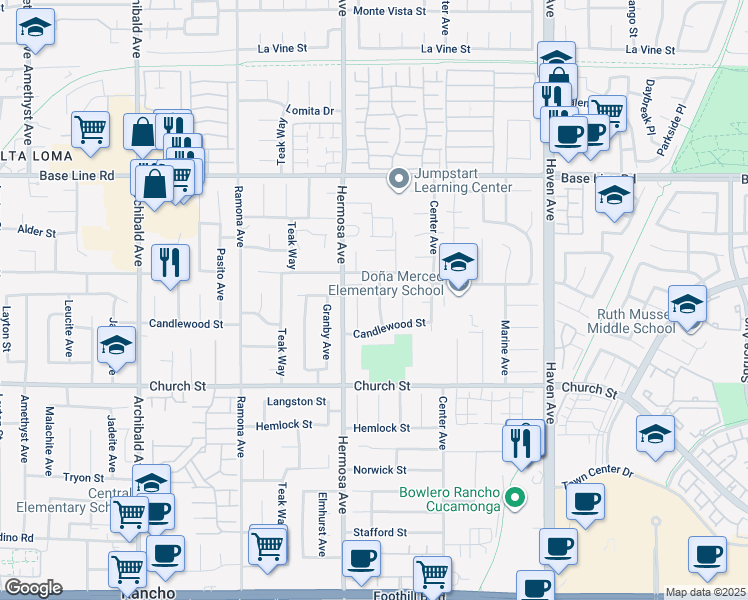map of restaurants, bars, coffee shops, grocery stores, and more near 7386 Greenhaven Avenue in Rancho Cucamonga
