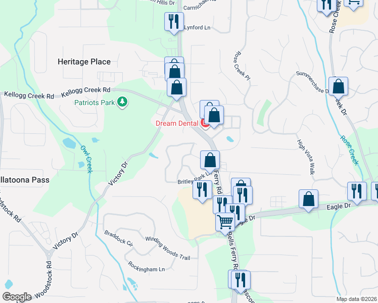 map of restaurants, bars, coffee shops, grocery stores, and more near 307 Stockton Court in Woodstock
