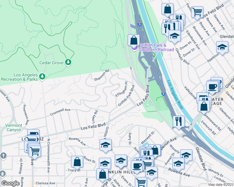 map of restaurants, bars, coffee shops, grocery stores, and more near 3777 Effingham Place in Los Angeles