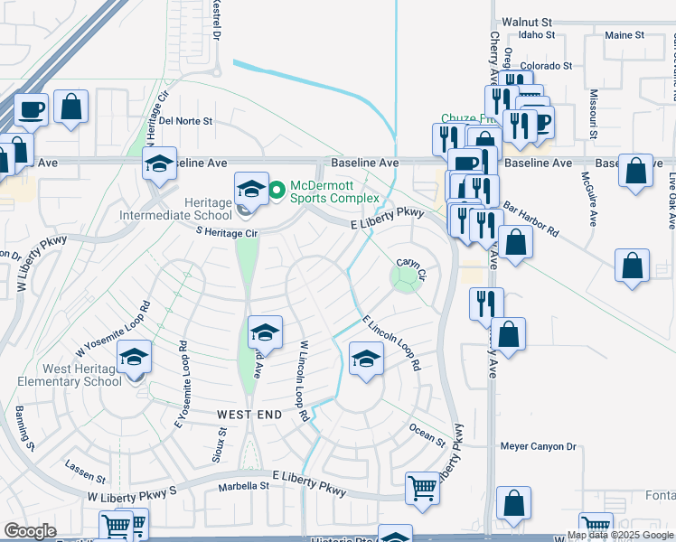 map of restaurants, bars, coffee shops, grocery stores, and more near 14139 Dartmouth Court in Fontana