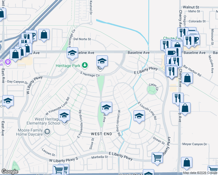 map of restaurants, bars, coffee shops, grocery stores, and more near 14012 Oxford Street in Fontana