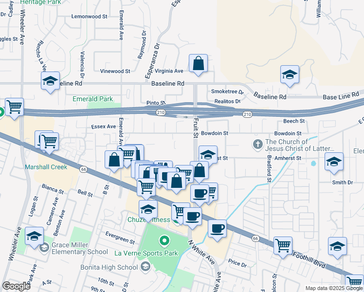 map of restaurants, bars, coffee shops, grocery stores, and more near 4311 Pleasant Street in La Verne