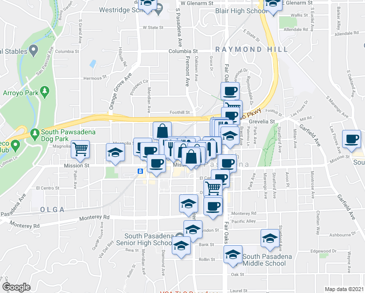 map of restaurants, bars, coffee shops, grocery stores, and more near 705 Fremont Avenue in South Pasadena