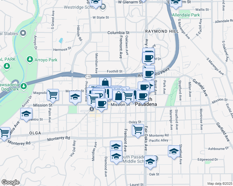 map of restaurants, bars, coffee shops, grocery stores, and more near 704 Fairview Avenue in South Pasadena