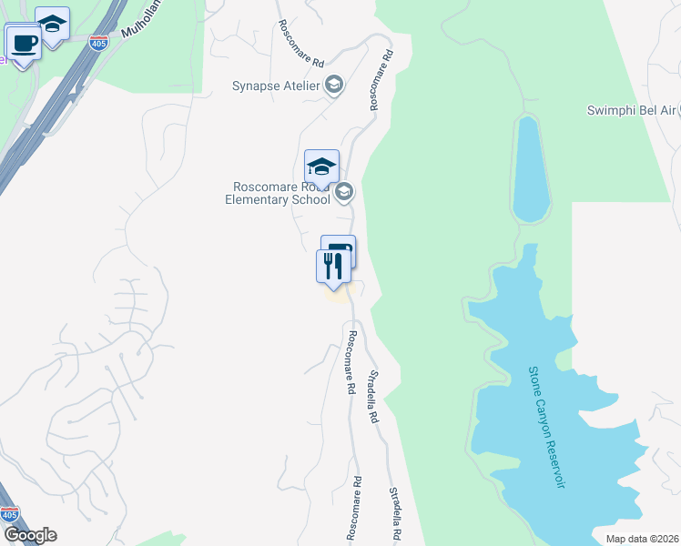 map of restaurants, bars, coffee shops, grocery stores, and more near 2354 Roscomare Road in Los Angeles