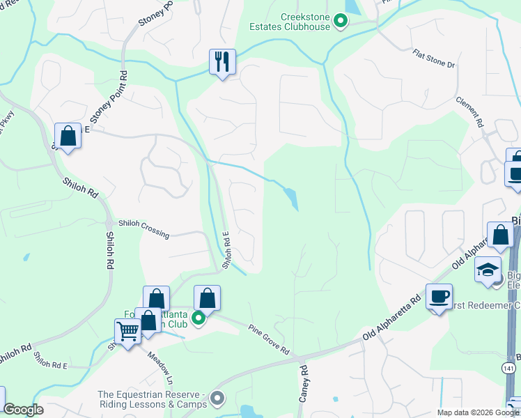map of restaurants, bars, coffee shops, grocery stores, and more near 6895 Ridgefield Drive in Alpharetta