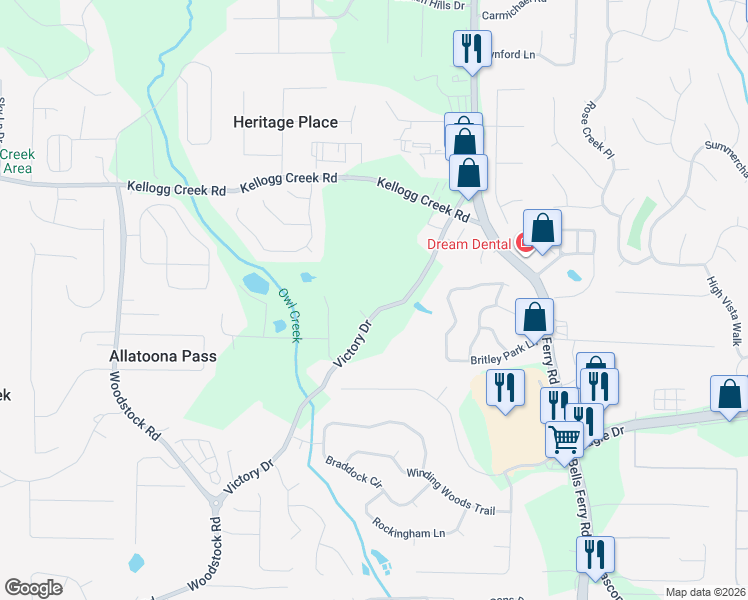 map of restaurants, bars, coffee shops, grocery stores, and more near 6707 Victory Drive in Acworth