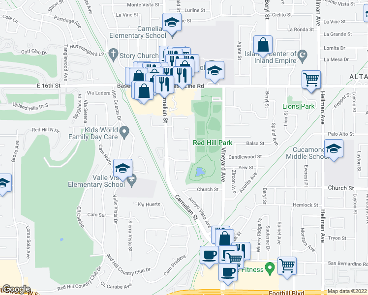 map of restaurants, bars, coffee shops, grocery stores, and more near 8772 Candlewood Street in Rancho Cucamonga