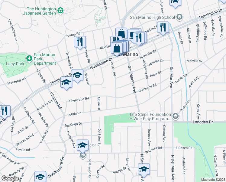 map of restaurants, bars, coffee shops, grocery stores, and more near 1765 West Haven Road in San Marino